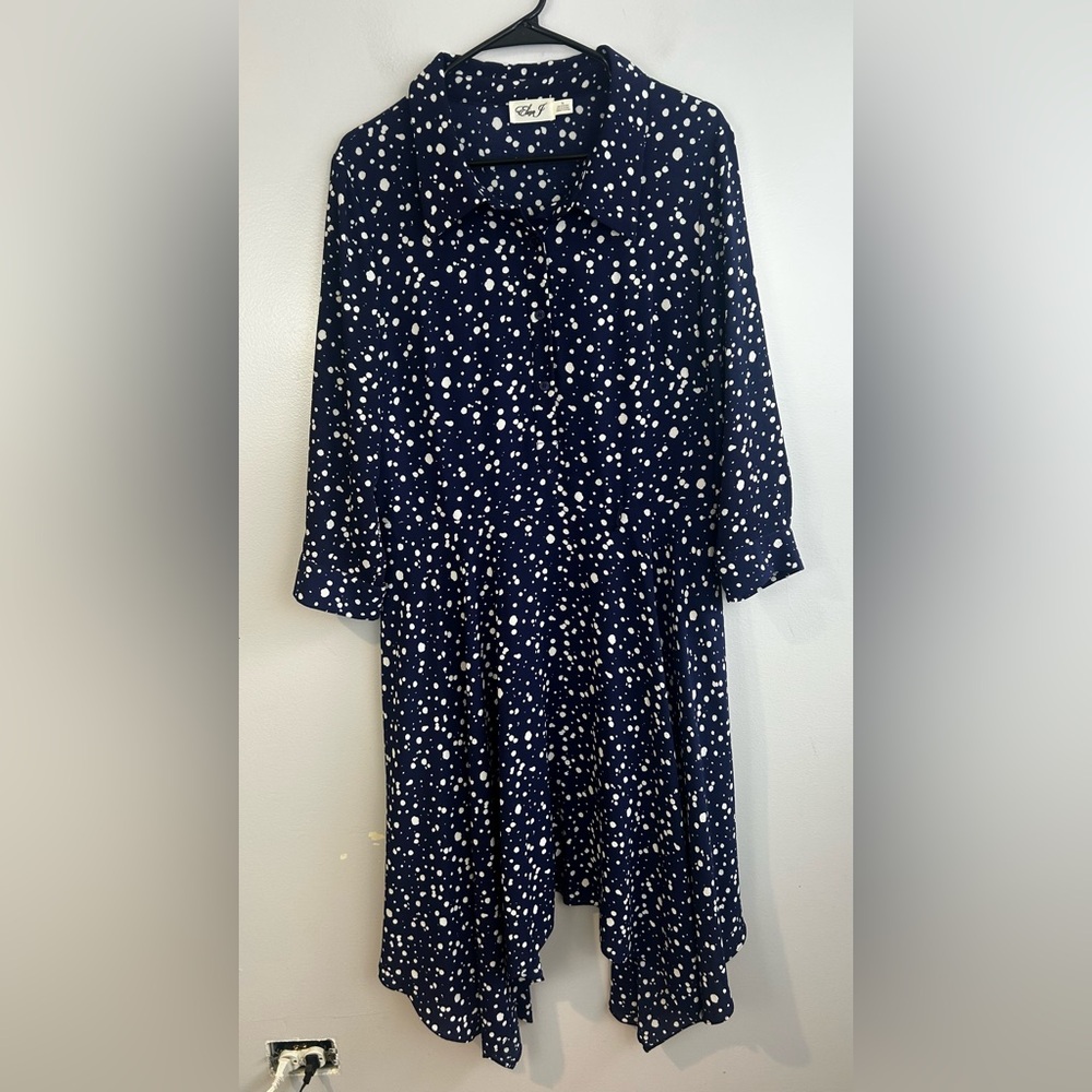 Eliza J. Blue/White Polka Dot Handkerchief Button Down Shirt Midi Dress Size 16